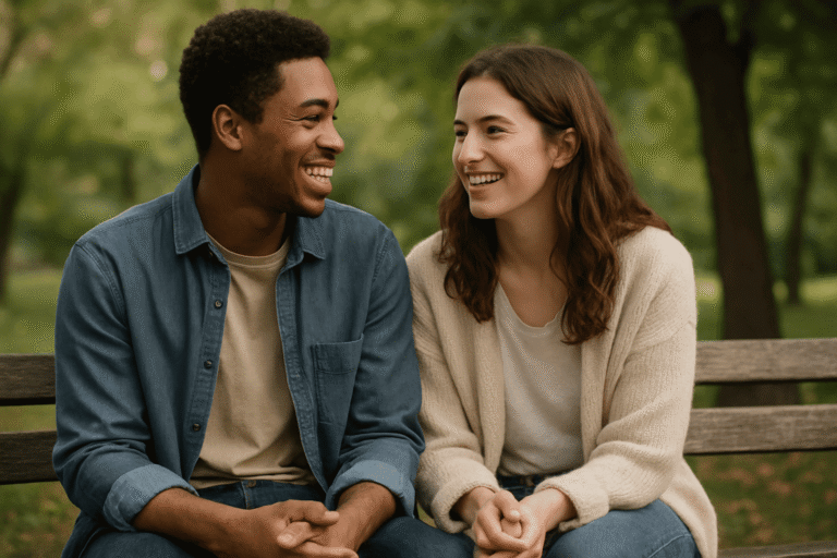 Мужчина и женщина сидят на скамейке и улыбаются, будто знают друг друга давно – nicetry.blog