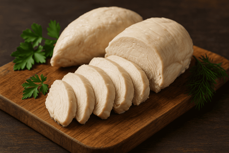 Sochnaya otvarnaya kurinaya grudka na derevyannoj doske s zelen'yu – nicetry.blog