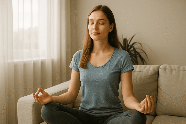 девушка сидит в позе медитации, спокойное выражение лица, фон — утренний свет - nicetry.blog