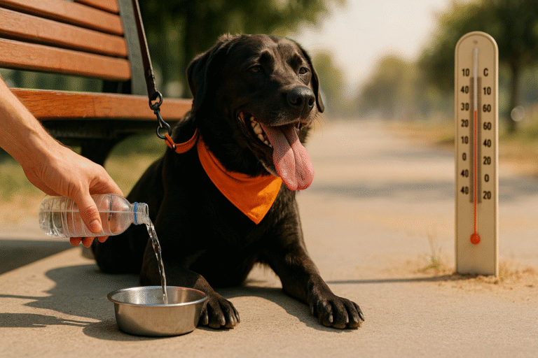 Чёрная собака лежит в тени парковой скамейки и тяжело дышит на жаре; хозяин наливает воду в металлическую миску, воздух мерцает от зноя — nicetry.blog
