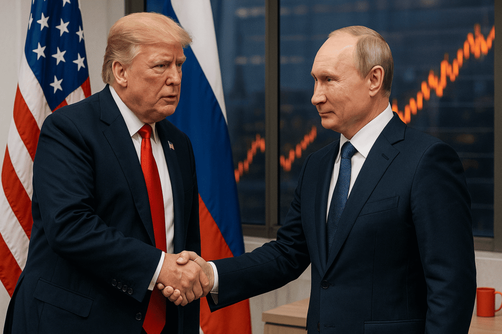 Дональд Трамп и Владимир Путин пожимают друг другу руки на фоне флагов США и России — nicetry.blog