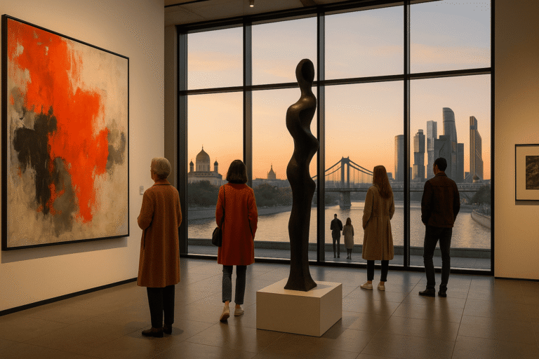 Крымский мост и силуэты Moscow City; крупное абстрактное полотно с акцентом оранжево-красного тона — nicetry.blog