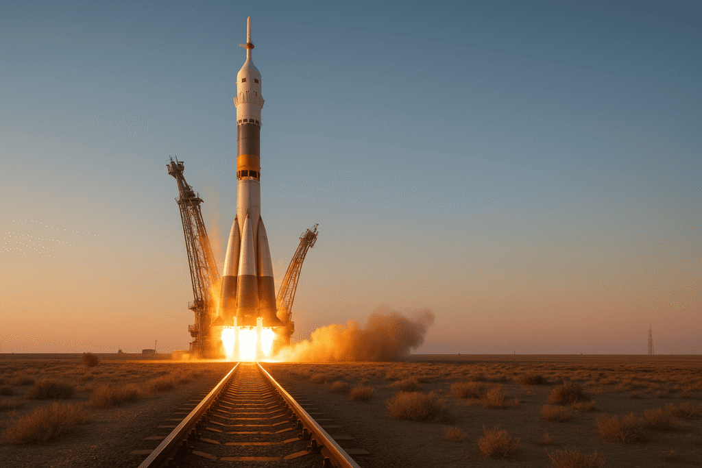 Ночной старт ракеты на Байконуре, степь, огни стартового стола — nicetry.blog