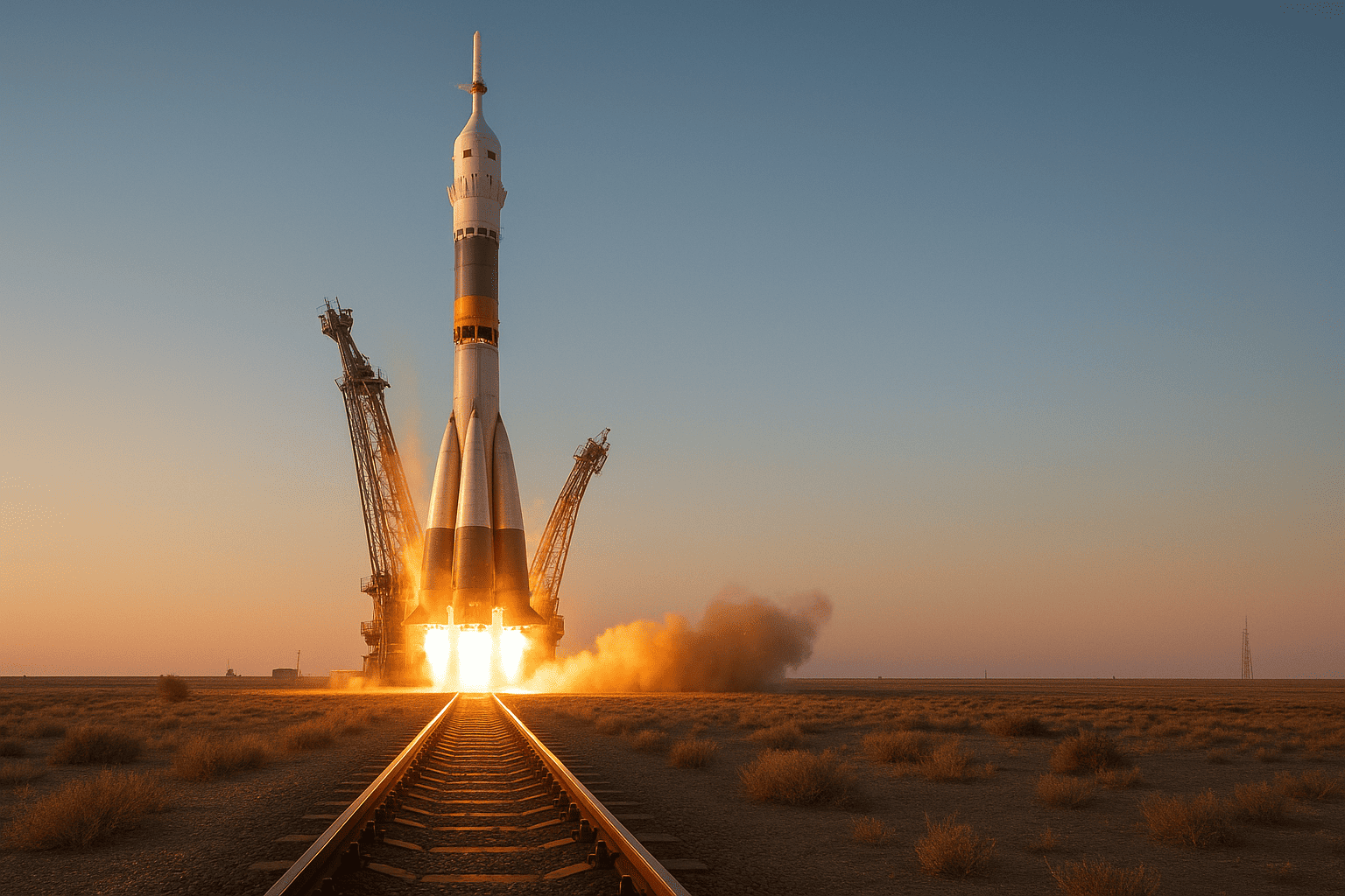 Ночной старт ракеты на Байконуре, степь, огни стартового стола — nicetry.blog