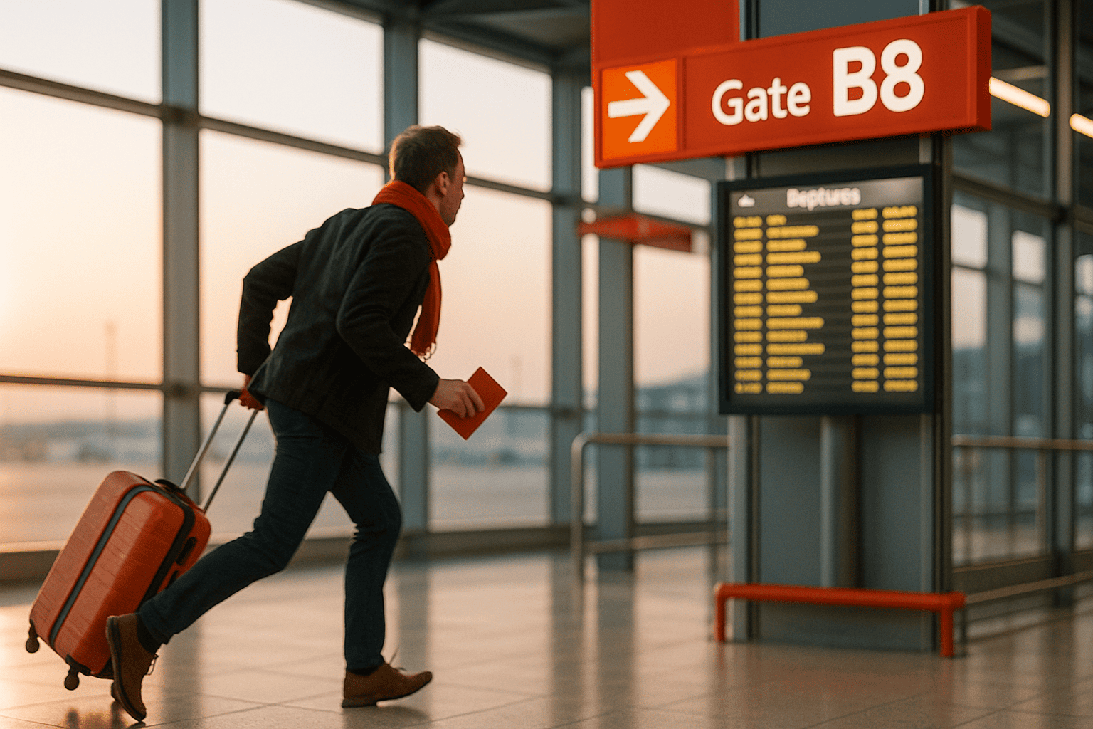 Пассажир с чемоданом спешит к выходу на посадку в аэропорту на рассвете — nicetry.blog