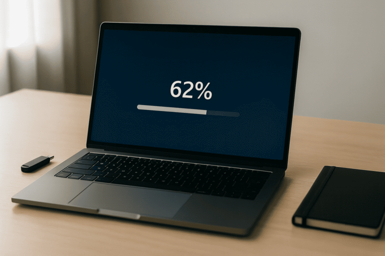 Процесс переустановки Windows на ноутбуке, экран установщика, флешка на столе — nicetry.blog