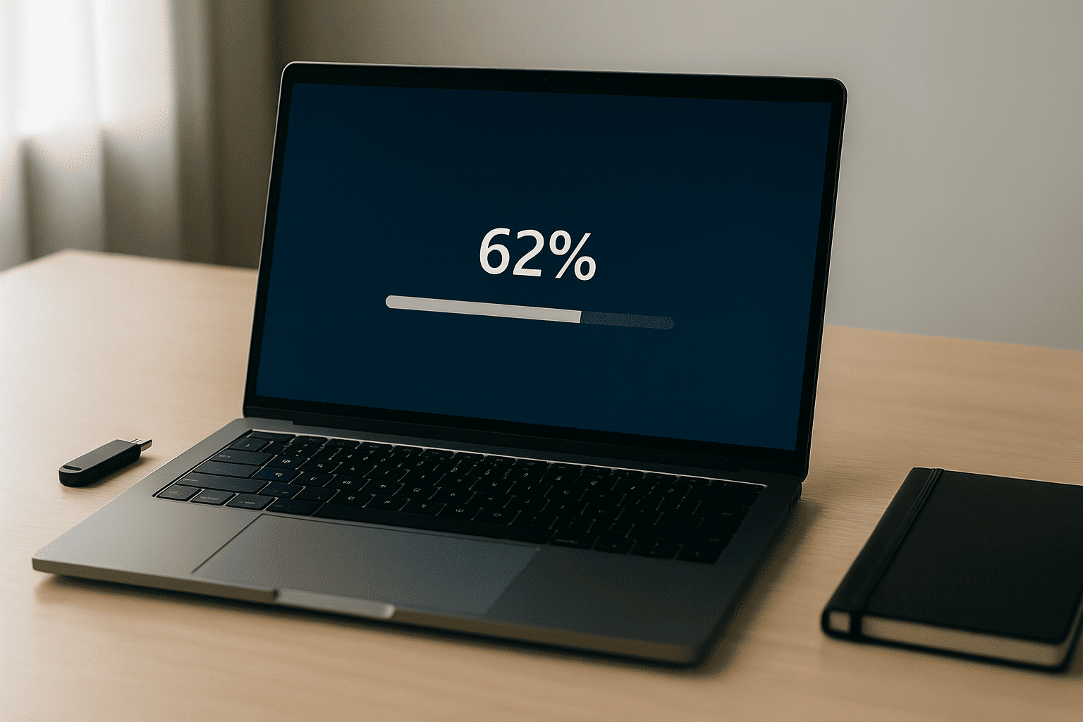 Процесс переустановки Windows на ноутбуке, экран установщика, флешка на столе — nicetry.blog