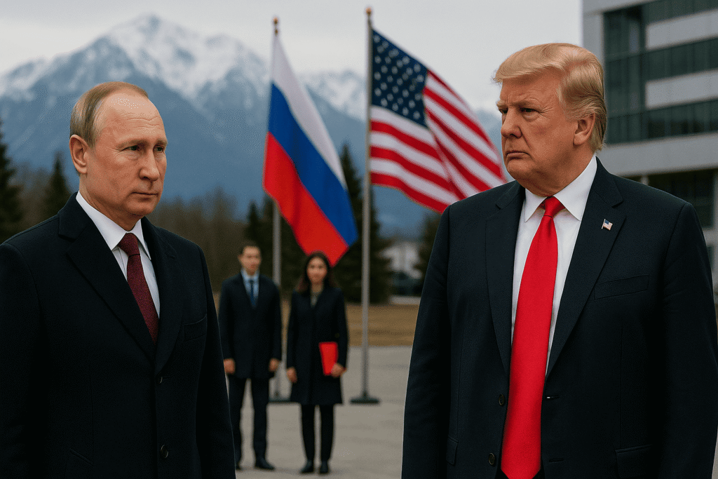 Путин и Трамп стоят напротив на улице в Аляске на фоне гор и флагов США и России — nicetry.blog