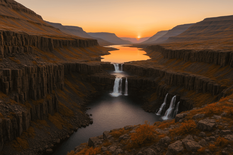 Realistichnyj panoramnyj vid plato Putorana - stupenchatye bazaltovye trappy - glubokij kanon i mnogoyarusnye vodopady — nicetry.blog