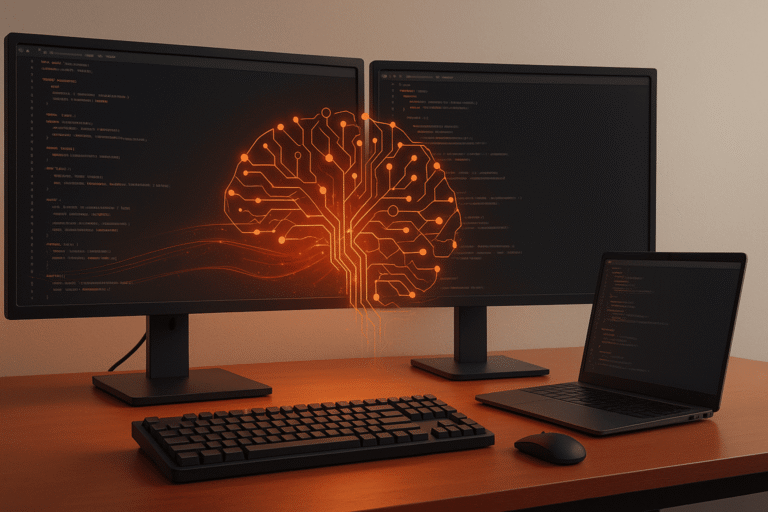 Реалистичный рабочий стол разработчика с двумя мониторами и ноутбуком — nicetry.blog