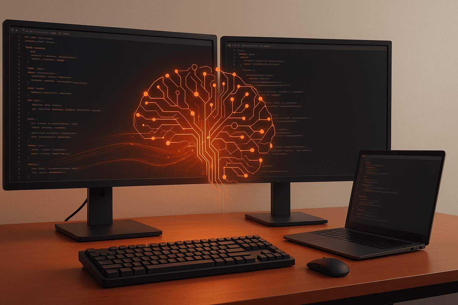 Реалистичный рабочий стол разработчика с двумя мониторами и ноутбуком — nicetry.blog