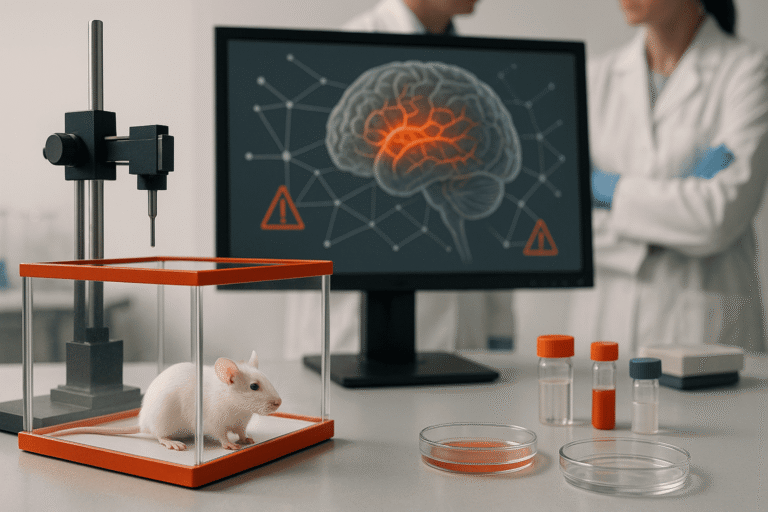 белая мышь в стеклянном боксе на столе, за ней монитор с подсвеченными дофаминовыми путями мозга - nicetry.blog