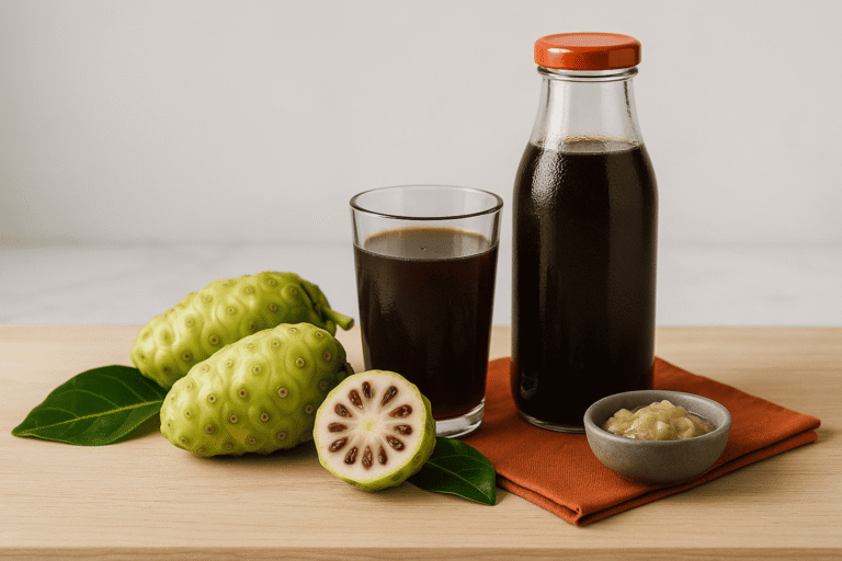 бутылка и стакан тёмного сока нони, рядом целые и разрезанные плоды с характерной бугристой кожурой и листьями — nicetry.blog