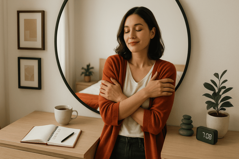 человек с мягкой улыбкой обнимает себя перед круглым зеркалом - nicetry.blog