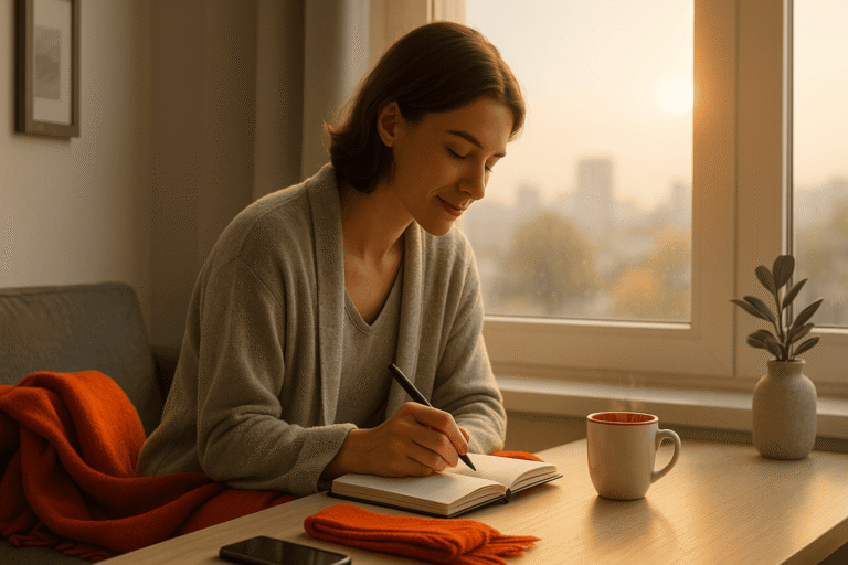 человек у большого окна пишет в дневнике, тёплый плед и кружка — nicetry.blog