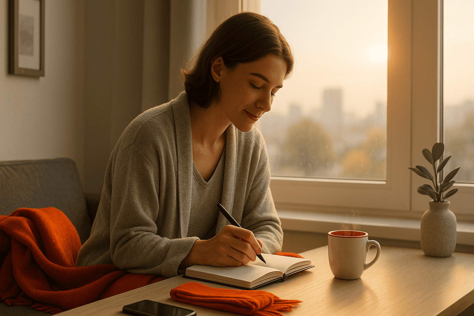 человек у большого окна пишет в дневнике, тёплый плед и кружка — nicetry.blog