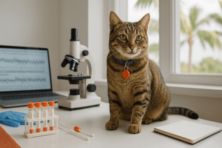 домашний кот на светлом рабочем столе у окна с пальмами — nicetry.blog