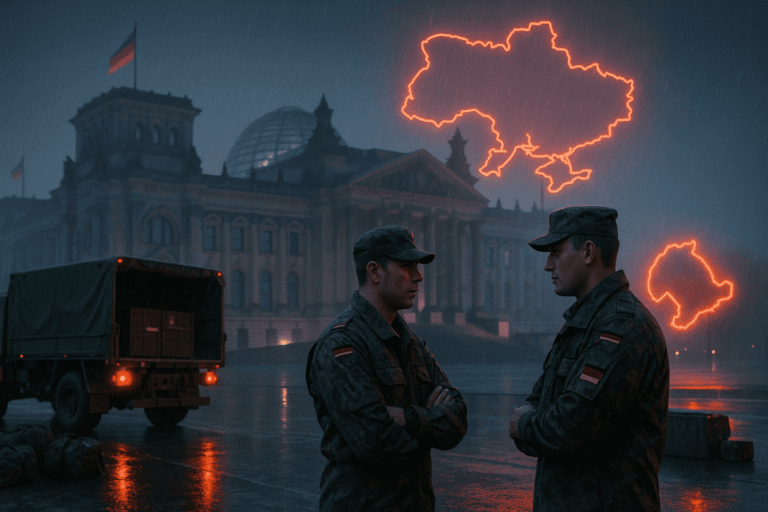 дождливый вечер у Рейхстага в Берлине, двое военнослужащих Бундесвера на фоне стоящего грузовика — nicetry.blog