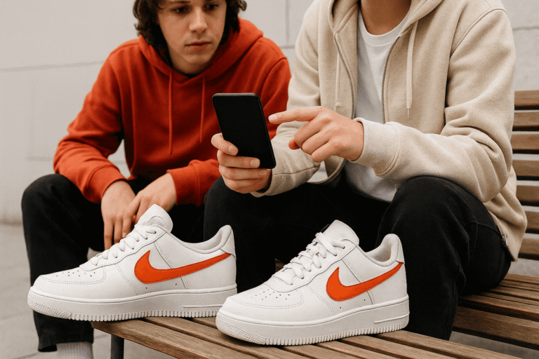 двое подростков на городской скамейке смотрят в смартфон на переднем плане пара белых кроссовок с оранжевыми вставками — nicetry.blog