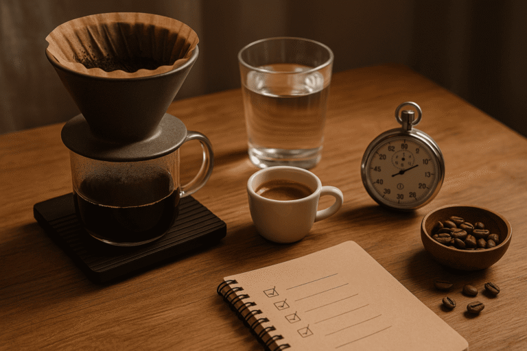 Реалистичная сцена: фильтр-кофе с бумажным фильтром, шот эспрессо, стакан воды и кухонные весы на деревянном столе, мягкий дневной свет — без текста - nicetry.blog