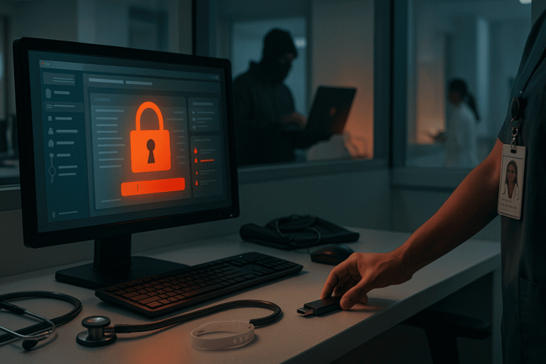 на мониторе EHR красный замок-предупреждение - рука сотрудника тянется к USB-накопителю - nicetry.blog