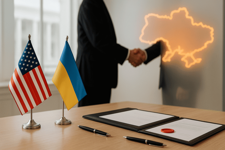 на столе две настольные флаги США и Украины, папки для соглашений и ручки; на фоне — рукопожатие без лиц - nicetry.blog