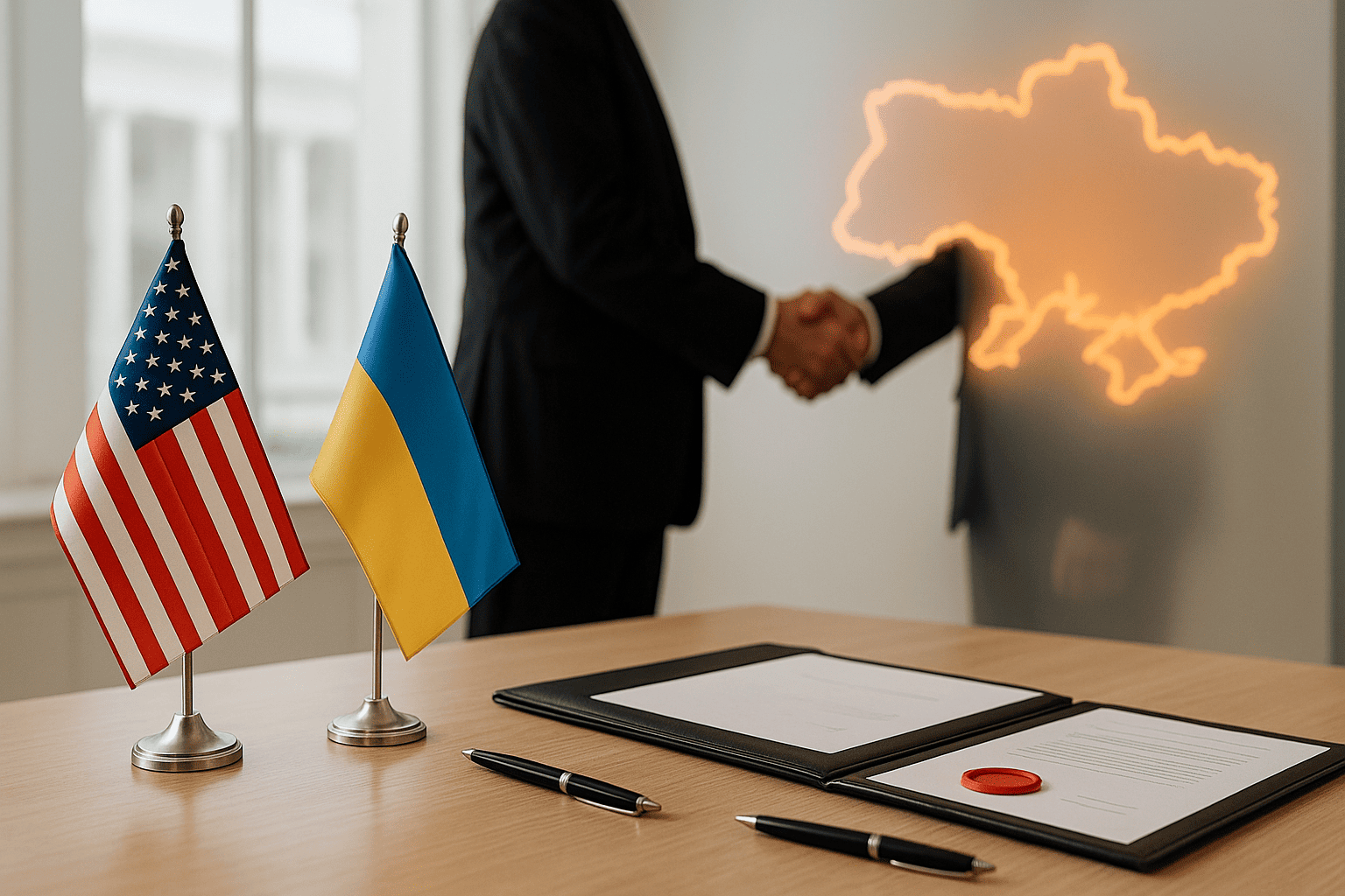 на столе две настольные флаги США и Украины, папки для соглашений и ручки; на фоне — рукопожатие без лиц - nicetry.blog
