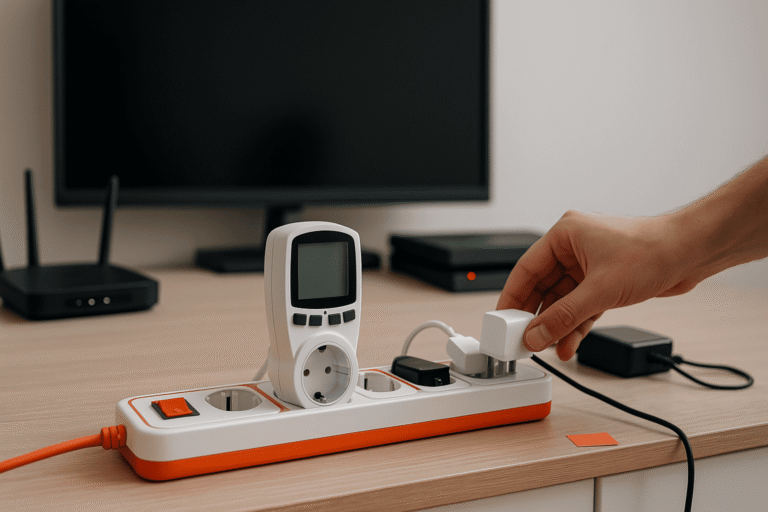 на светлом комоде удлинитель с оранжевой кнопкой и кабелем, подключённый ваттметр без текста на экране; рука человека вытаскивает зарядку — nicetry.blog