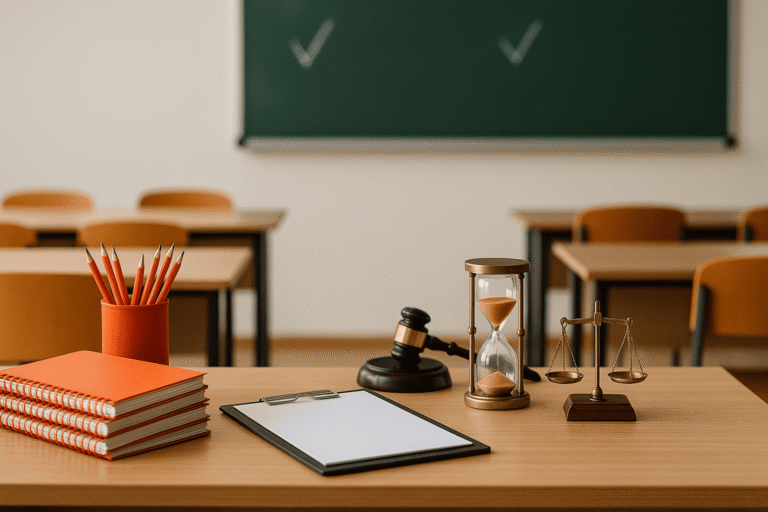 на учительском столе стопка тетрадей, стакан с карандашами, песочные часы, молоточек и маленькие весы как символ правил - nicetry.blog