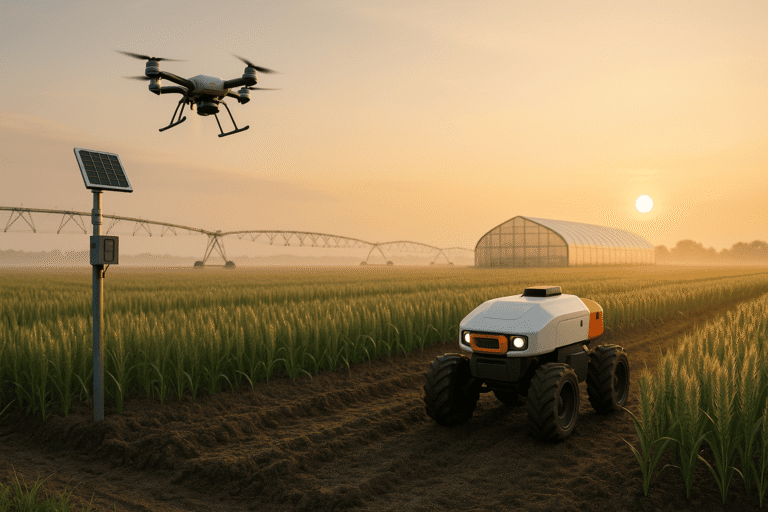 над посевами летит дрон-опрыскиватель, рядом метеостанция с солнечной панелью и автономный агроробот; на горизонте теплица и система орошения – nicetry.blog
