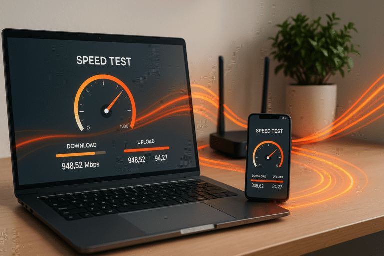 ноутбук и смартфон со спидтестом, рядом Wi-Fi-роутер — nicetry.blog