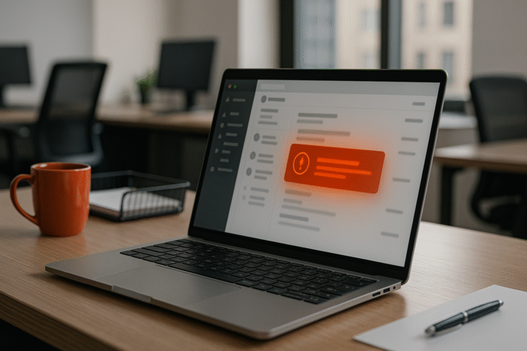 ноутбук с интерфейсом почты и ярким предупреждением о фишинге — nicetry.blog