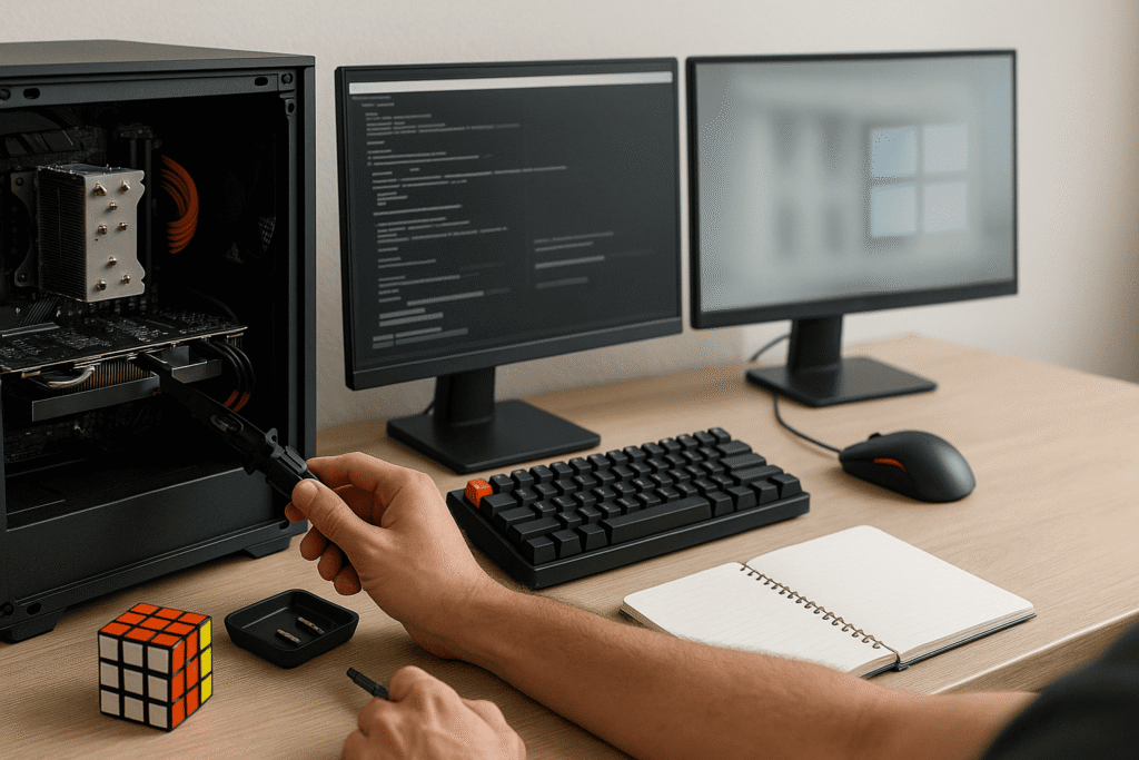 открытый системный блок и два монитора на светлом столе — nicetry.blog