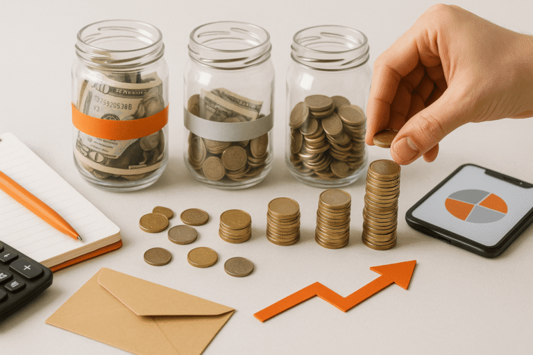 рука добавляет монеты к растущим стопкам, рядом три стеклянные банки с наличными — nicetry.blog