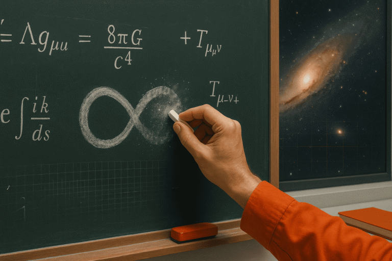 рука с мелом стирает знак бесконечности на тёмной школьной доске, вокруг формулы, через окно виден космос с сеткой — nicetry.blog