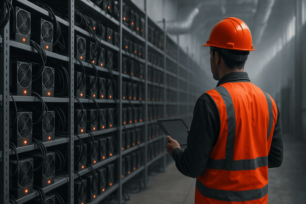 ряды ASIC-майнеров в стойках - nicetry.blog