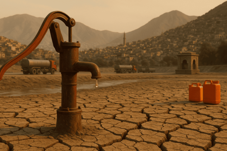 ржавая ручная колонка с одинокой каплей, вдали водовозы и горы — nicetry.blog