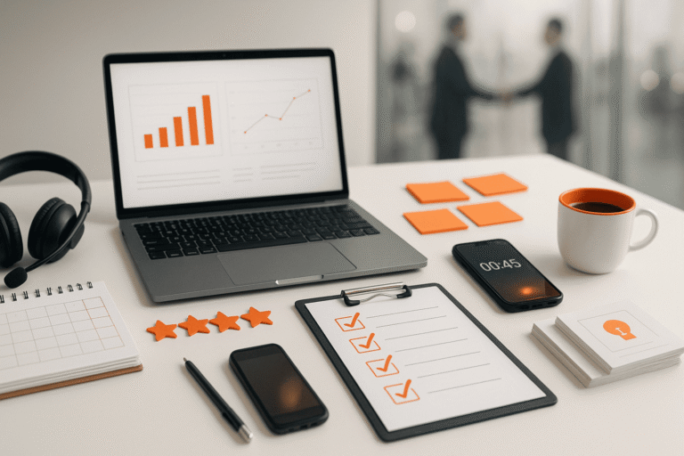 светлый рабочий стол в офисе — ноутбук с графиками без текста, клипборд с чекбоксами, наушники, смартфон-таймер и кружка — nicetry.blog