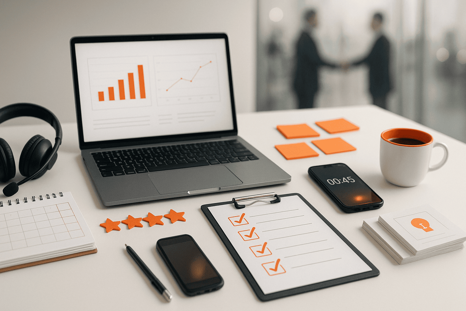 светлый рабочий стол в офисе — ноутбук с графиками без текста, клипборд с чекбоксами, наушники, смартфон-таймер и кружка — nicetry.blog
