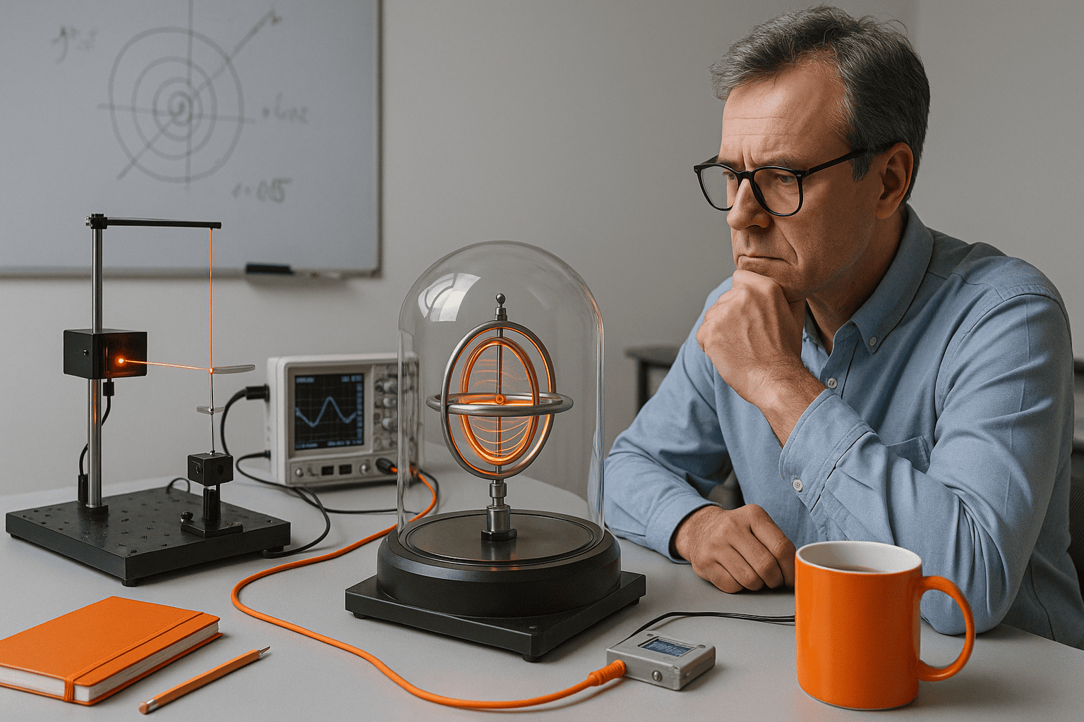 учёный средних лет внимательно изучает вращающийся гироскоп под стеклянным колпаком — nicetry.blog