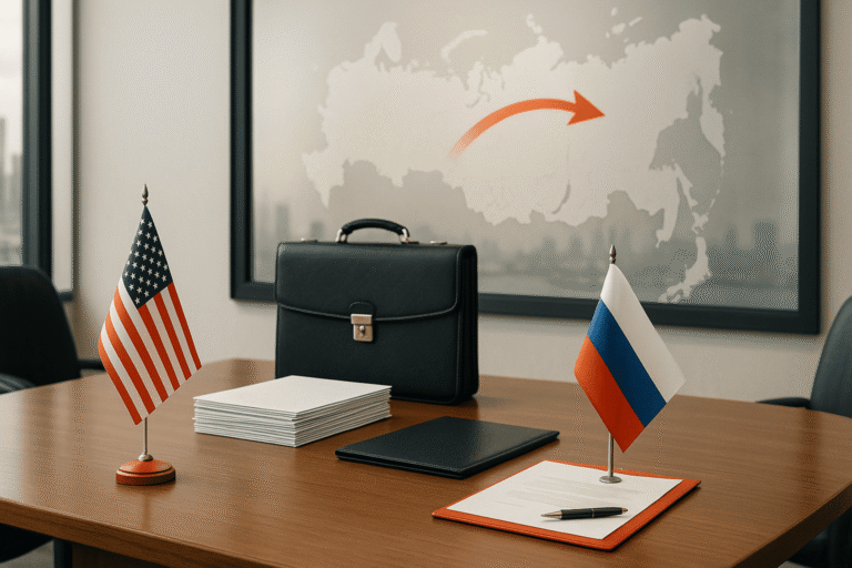 в переговорной на столе настольные флаги США и России - nicetry.blog