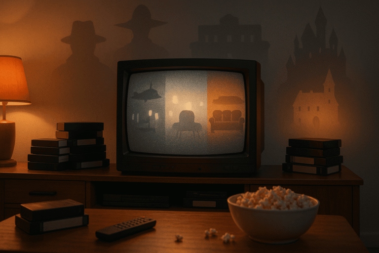 вечерняя гостиная с винтажным телевизором на тумбе, мягкое зернистое свечение экрана и тёплая лампа; вокруг стопки VHS, пульт и миска с попкорном — nicetry.blog