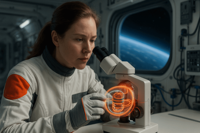 Astronavt v laboratorii MKS izuchaet obrazec kletok pod mikroskopom na fone Zemli – nicetry.blog