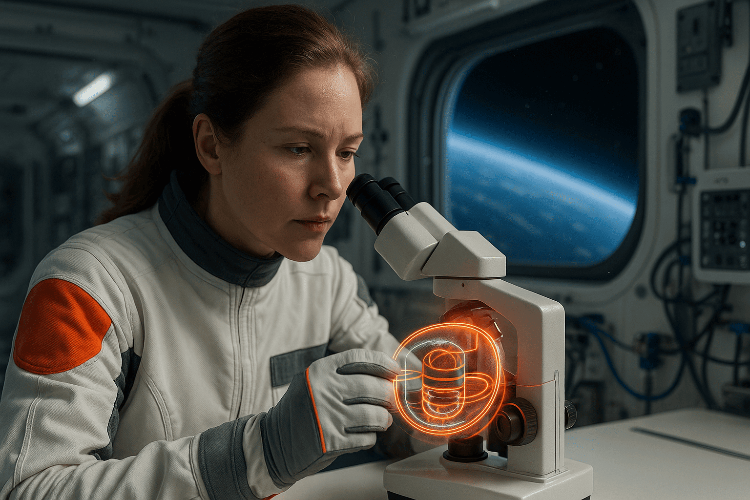 Astronavt v laboratorii MKS izuchaet obrazec kletok pod mikroskopom na fone Zemli – nicetry.blog