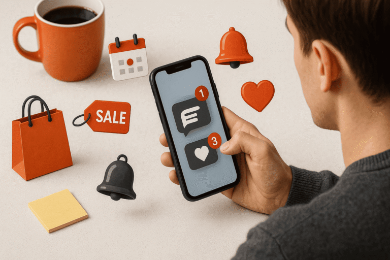 Человек держит смартфон, вокруг реалистичные «сигналы-триггеры» — nicetry.blog