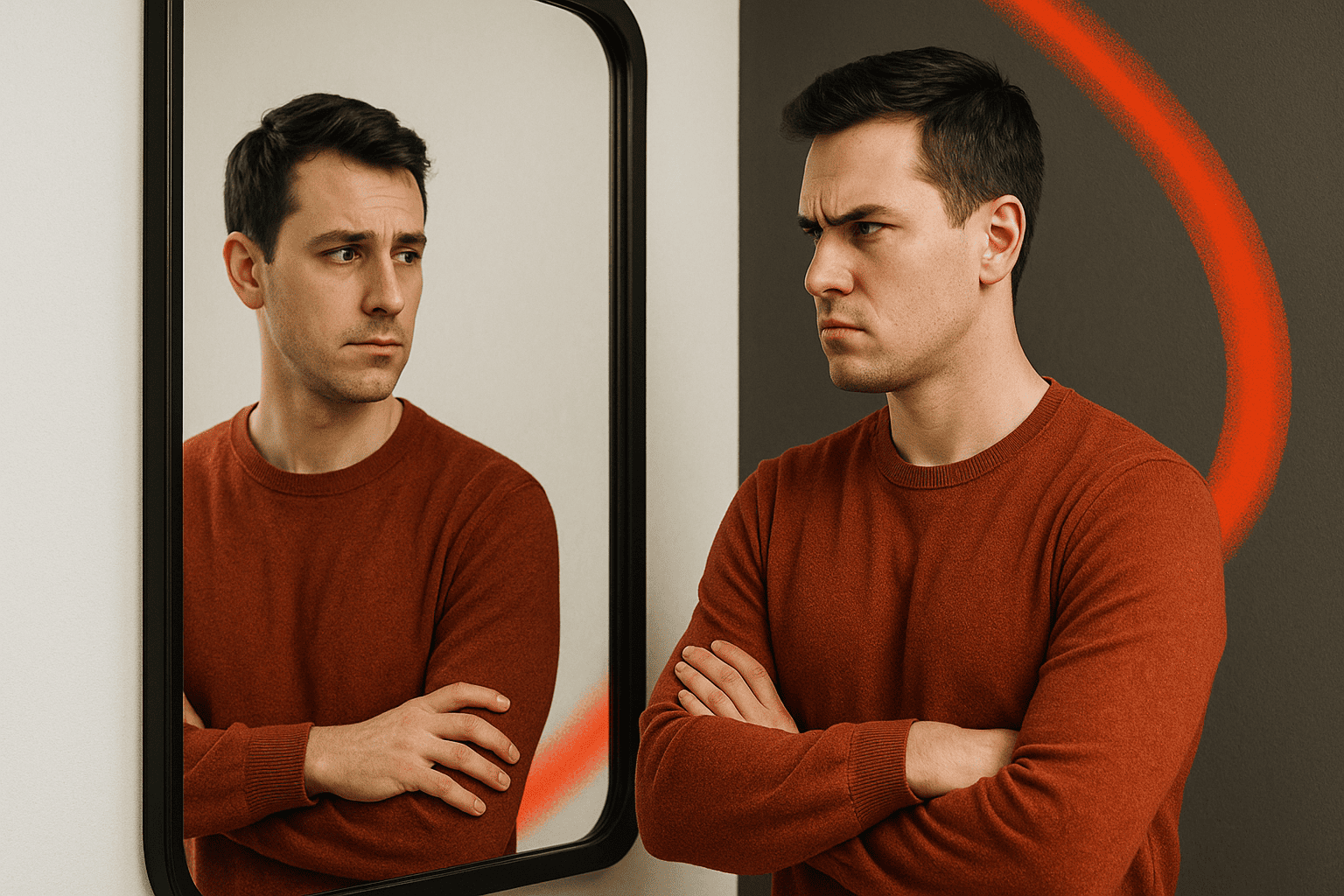 Человек перед зеркалом с двумя контрастными выражениями (упорство vs сомнение) — nicetry.blog