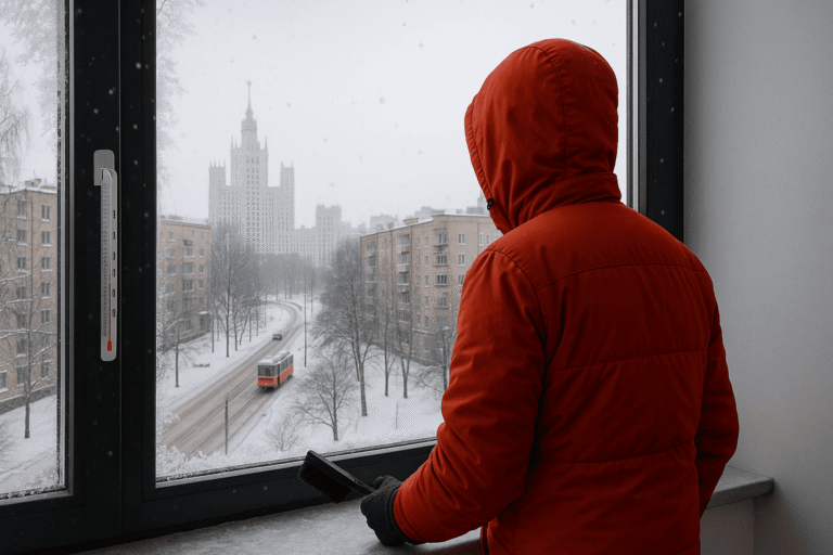 Человек в тёплой куртке смотрит на заснеженный российский город, на раме тёмные элементы и уличный термометр ниже нуля — nicetry.blog