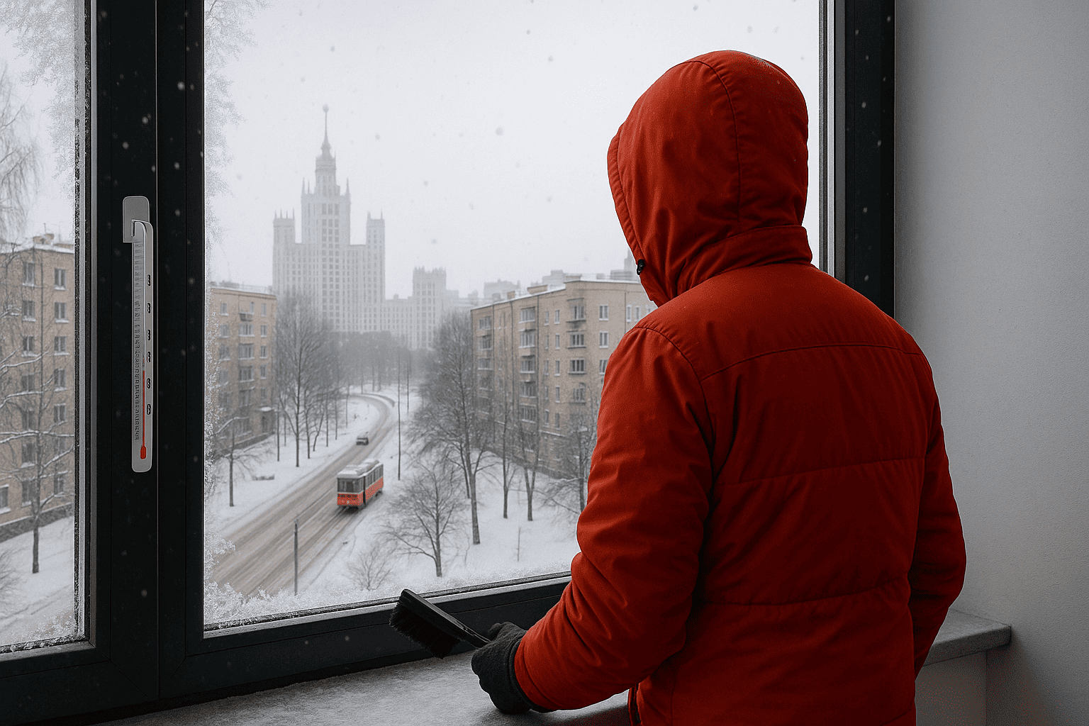Человек в тёплой куртке смотрит на заснеженный российский город, на раме тёмные элементы и уличный термометр ниже нуля — nicetry.blog