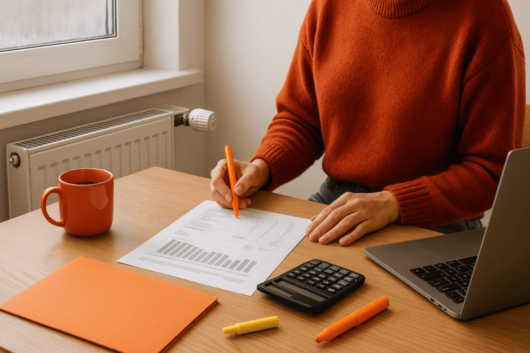 Человек за столом анализирует квитанцию по отоплению, рядом калькулятор, ноутбук и кружка; на фоне радиатор и запотевшее окно — nicetry.blog