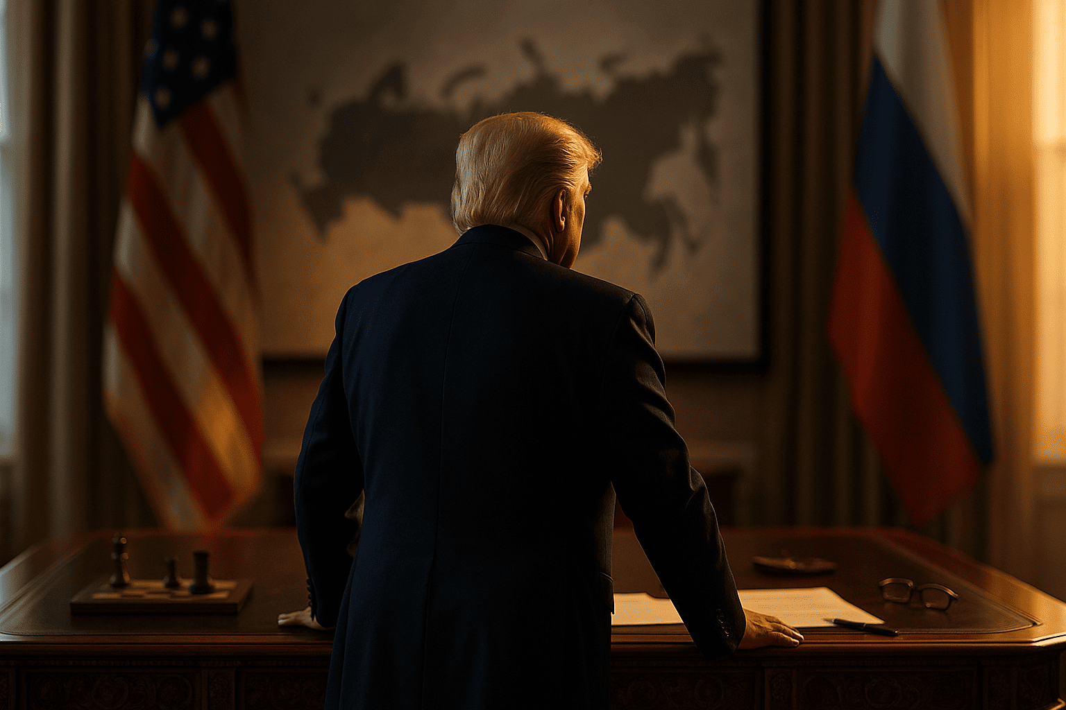 Cилуэт Дональда Трампа у рабочего стола, на фоне размытая карта России — nicetry.blog